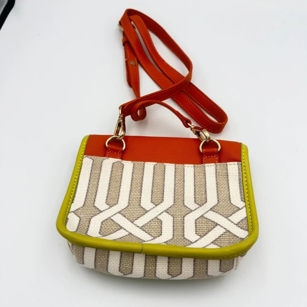 Spartina 449 Orange Leather Linen Geometric Crossbody Bag Lime Green Trim Gold